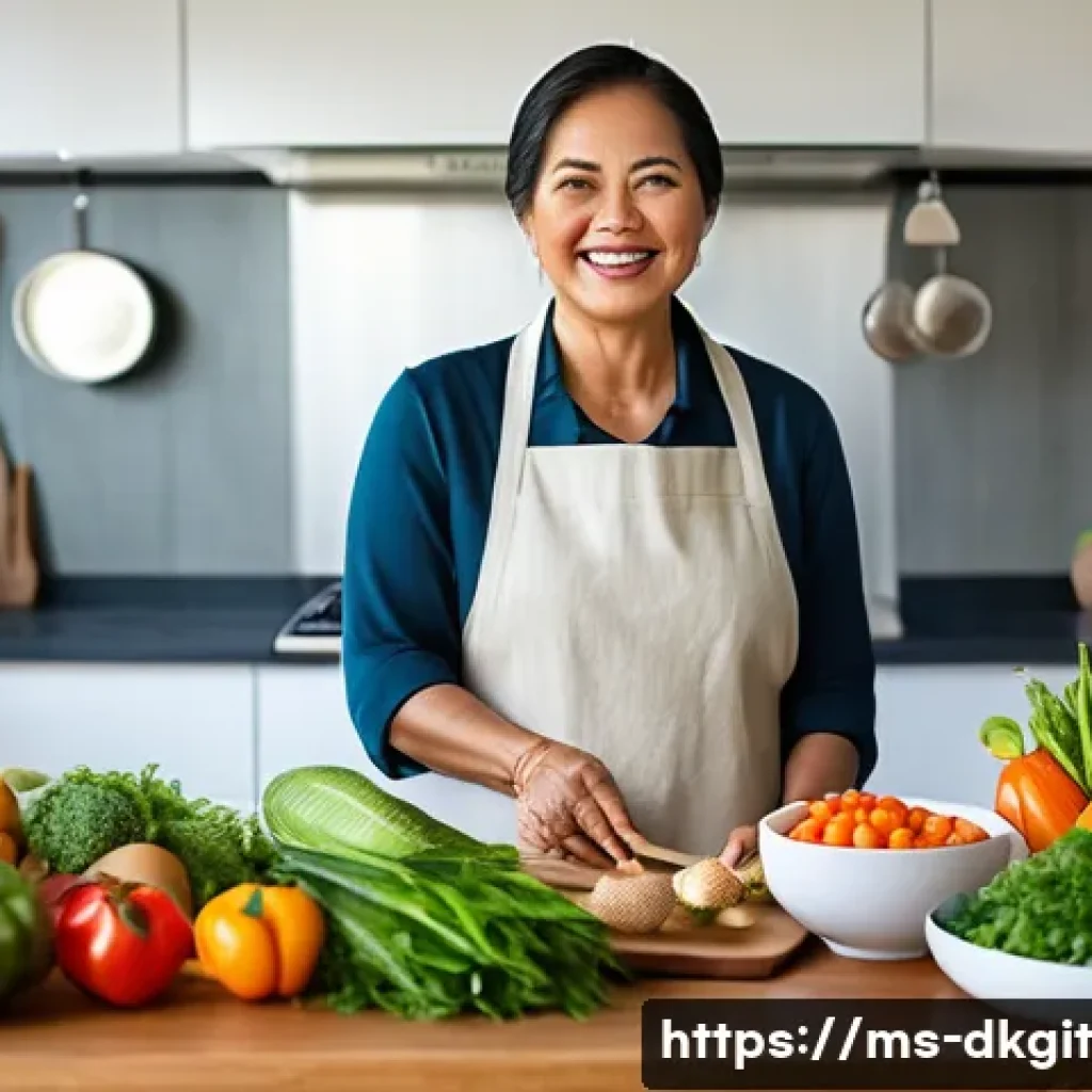 디지털 슬로우 라이프를 위한 건강한 식습관 - A vibrant, sunlit kitchen scene in a modern Malaysian home, featuring a middle-aged Malay woman prep...