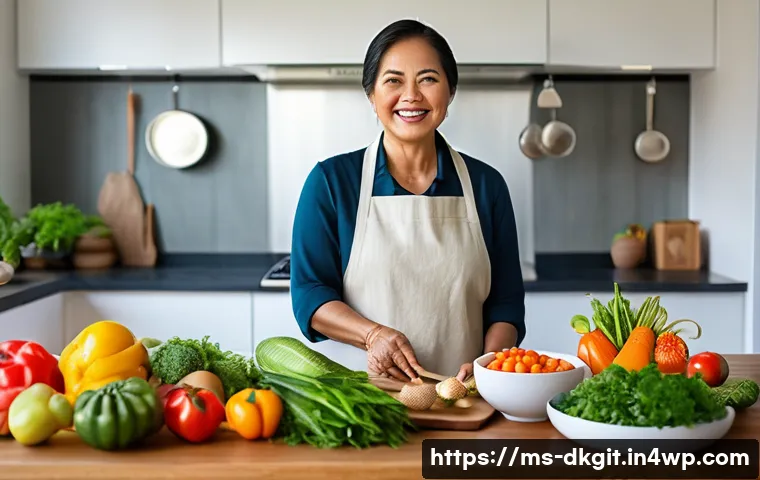 디지털 슬로우 라이프를 위한 건강한 식습관 - A vibrant, sunlit kitchen scene in a modern Malaysian home, featuring a middle-aged Malay woman prep...