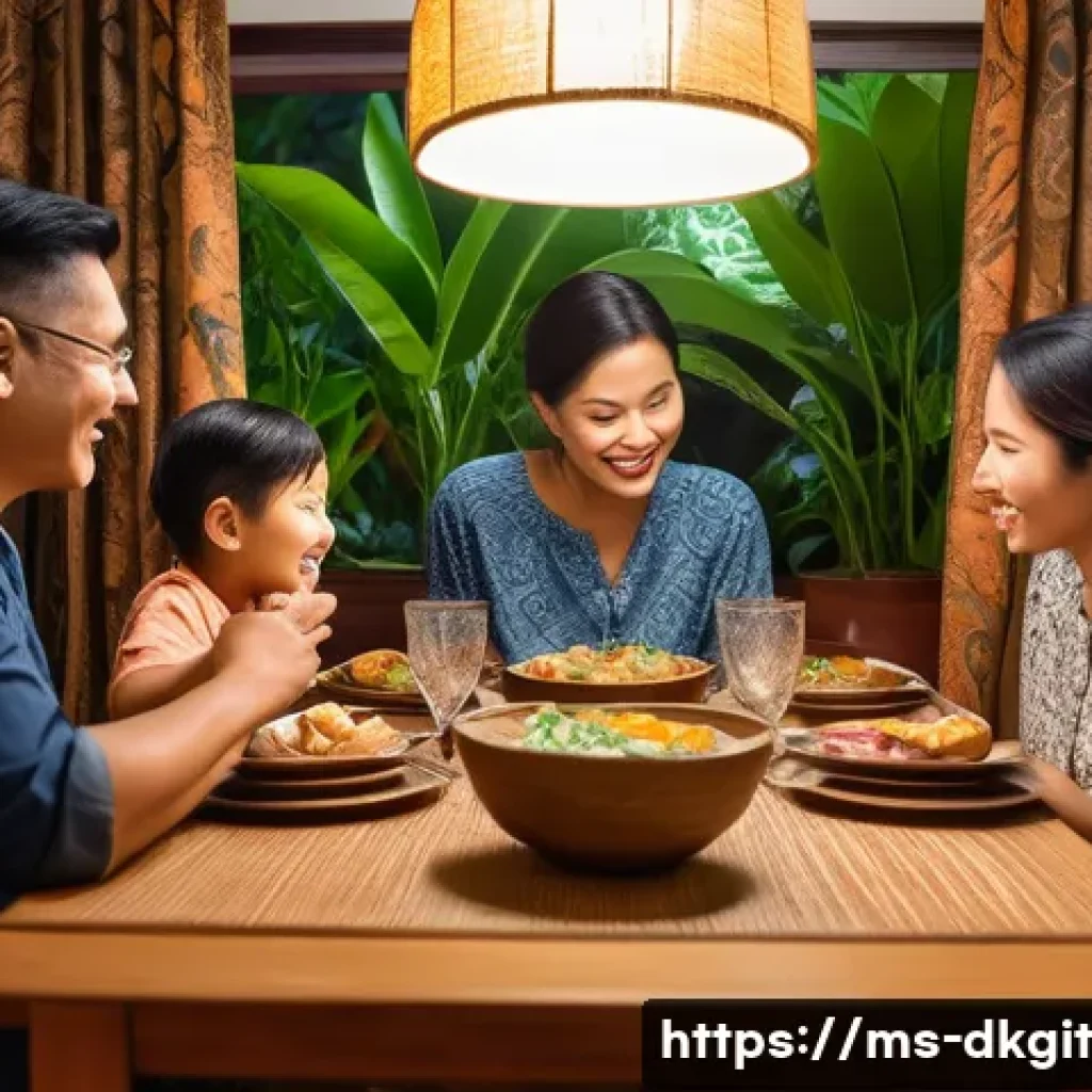 디지털 슬로우 라이프와 개인의 가치관 - A warm and cozy Malaysian family dining room scene during dinner time, showing a diverse family of p...