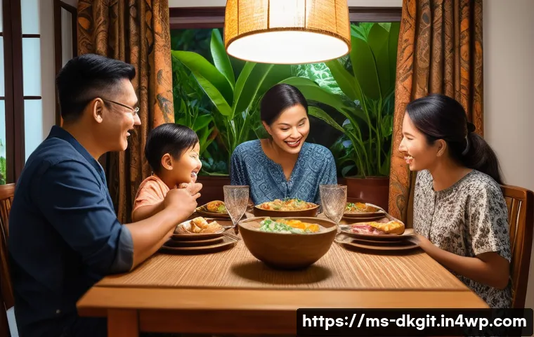 디지털 슬로우 라이프와 개인의 가치관 - A warm and cozy Malaysian family dining room scene during dinner time, showing a diverse family of p...