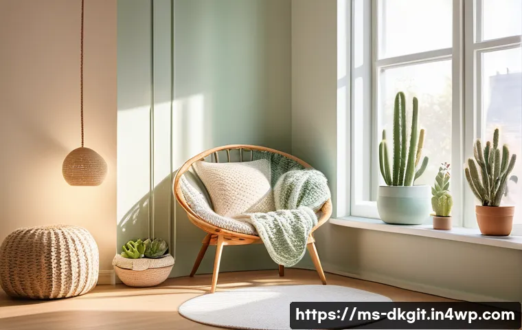 슬로우 라이프를 위한 DIY 프로젝트 아이디어 - A cozy and serene home relaxation corner beside a large window with abundant natural light streaming...