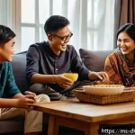 Home 21 디지털 슬로우 라이프에 대한 비판적 시각 - A cozy Malaysian family scene in a modern living room during evening time, family members sitting to...