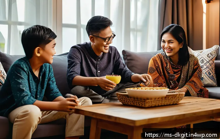 디지털 슬로우 라이프에 대한 비판적 시각 - A cozy Malaysian family scene in a modern living room during evening time, family members sitting to...