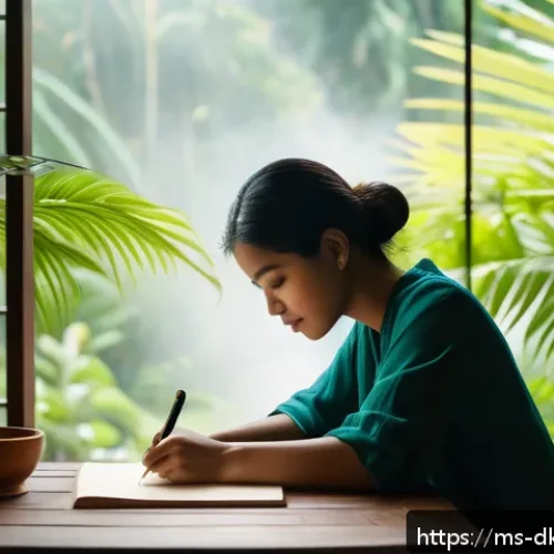 Home 32 슬로우 라이프를 위한 다이어리 작성법 - A cozy morning scene of a Malay woman writing a slow life diary at a wooden table by a window, soft ...