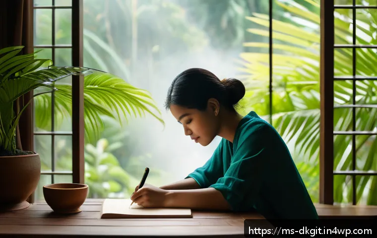 슬로우 라이프를 위한 다이어리 작성법 - A cozy morning scene of a Malay woman writing a slow life diary at a wooden table by a window, soft ...
