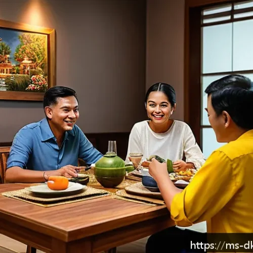 Home 31 디지털 슬로우 라이프의 철학적 배경 - A cozy Malaysian family dining scene at home during dinner time, with a warm ambient light, showing ...