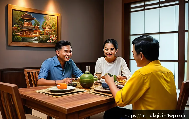디지털 슬로우 라이프의 철학적 배경 - A cozy Malaysian family dining scene at home during dinner time, with a warm ambient light, showing ...