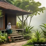 Home 18 슬로우 라이프를 위한 지속 가능성 교육 - A serene Malaysian tropical garden scene during early morning light, featuring a diverse range of na...