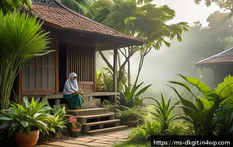 슬로우 라이프를 위한 지속 가능성 교육 - A serene Malaysian tropical garden scene during early morning light, featuring a diverse range of na...