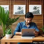 Home 23 슬로우 라이프에 적합한 직업 추천 - A serene Malaysian home office scene showcasing a freelance graphic designer working peacefully on a...