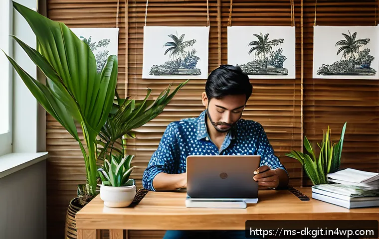 슬로우 라이프에 적합한 직업 추천 - A serene Malaysian home office scene showcasing a freelance graphic designer working peacefully on a...