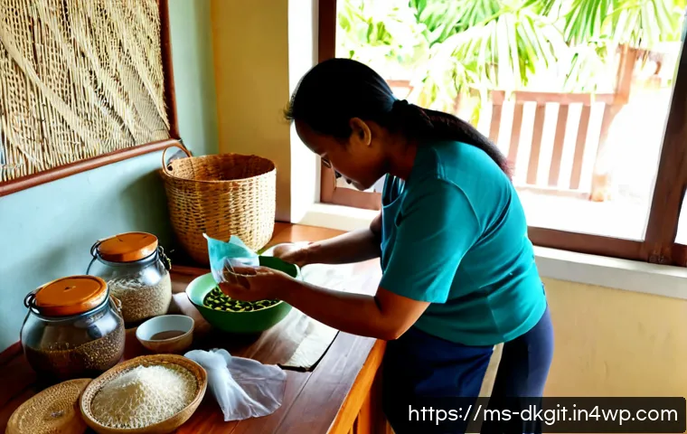 Home 17 슬로우 라이프와 지속 가능한 소비 - Photorealistic slow-living morning in a bright Malaysian home kitchen, a middle-aged Malay woman in ...
